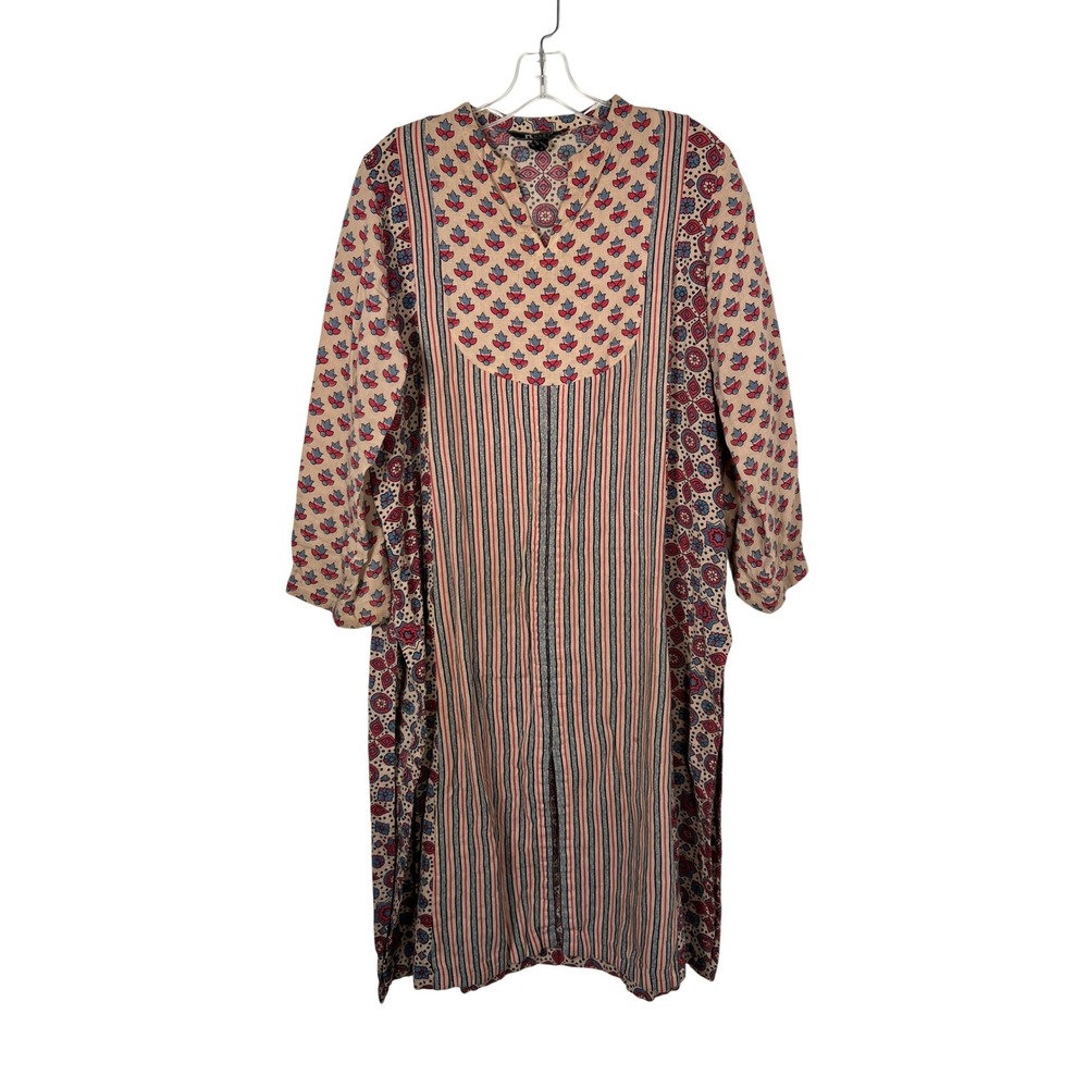 Nishat Linen Pret Mixed Print Tunic Dress Floral Geometric Boho Tan Size 10 M